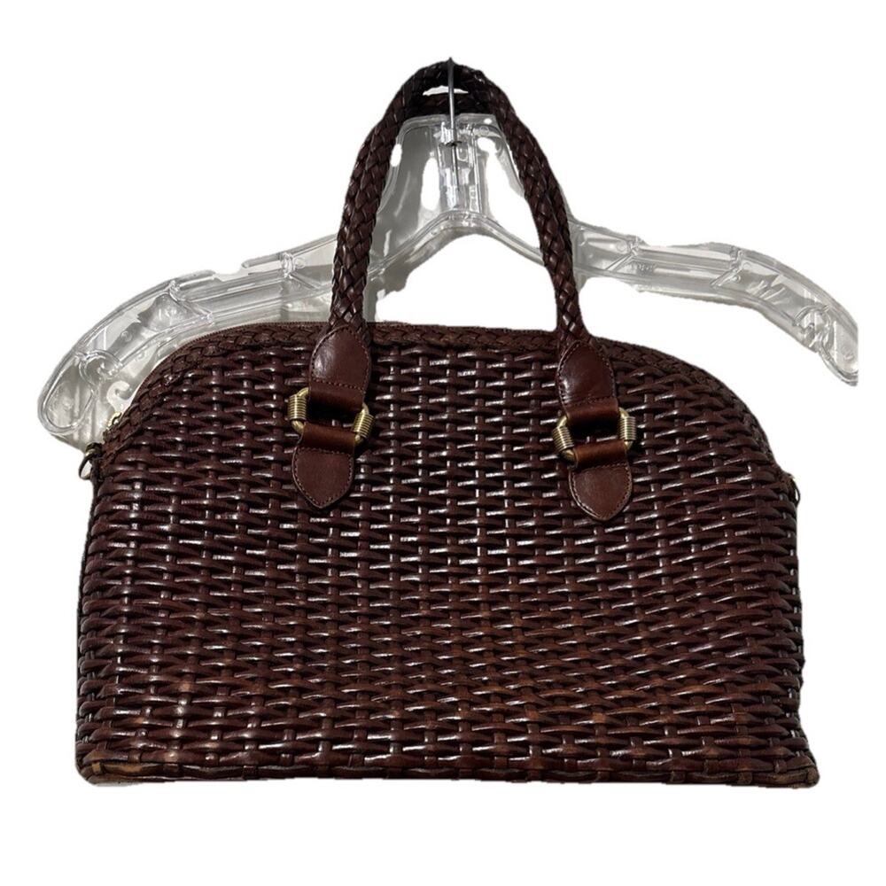 Vintage C E M Basket weave Leather Handbag Brown Double Handles Braided